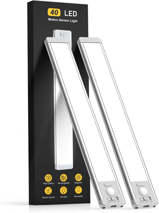 Under Cabinet Lighting,40 LED Rechargeable Battery Operated Motion Sensor Light Indoor, 2 Pack Magnetic Dimmable Closet Lights, Wireless Under Counter Lights for Kitchen, Stairs