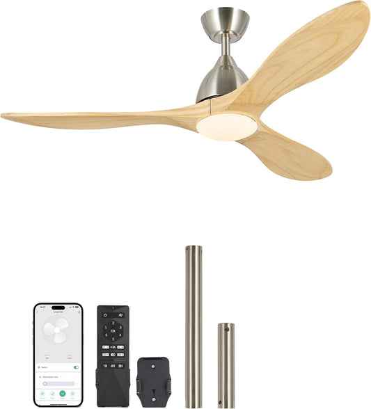 VONLUCE Ceiling Fans with Lights, 52 inch Smart Ceiling Fan with Remote/APP/Alexa Control, 3 Blades, 6 Speeds, Noiseless Reversible DC Motor, Wood Ceiling Fan for Bedroom Farmhouse, Nickel