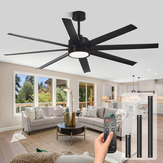 Modern Ceiling Fans with Lights, 65 Inch Ceiling Fan with Light and Remote for Living Room Kitchen Office, Indoor/Outdoor Use, 24W 3CCT 8 Blades 6 Speed Reversible Quiet DC Motor, Black